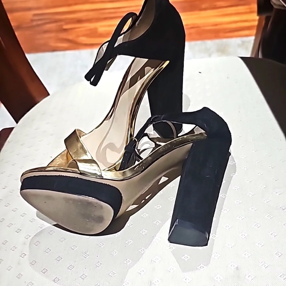 Zara Black & Hold Strappy Platform Sandals Block heels Size 6